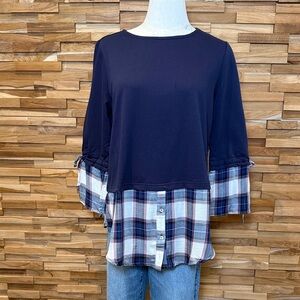 Doe & Rae | Navy | Layered Plaid Hem Tunic | Various Sizes